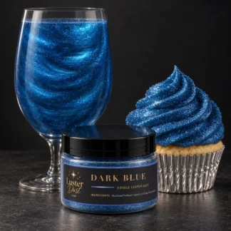 Dark Blue edible luster dust in a 50 g jar beside a dark blue glitter drink and a cupcake coated in dark blue edible glitter