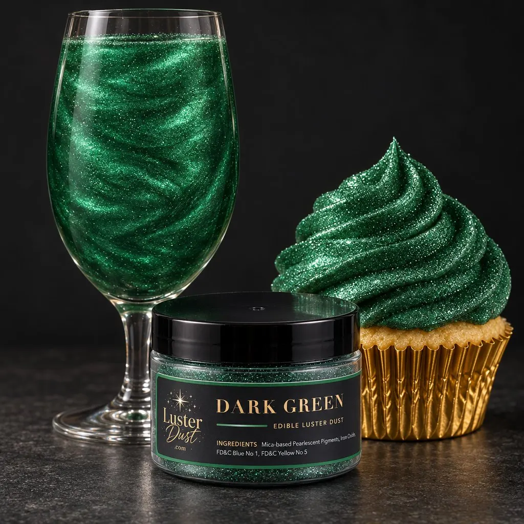 Dark Green edible luster dust in a 50 g jar beside a dark green glitter drink and a cupcake coated in dark green edible glitter