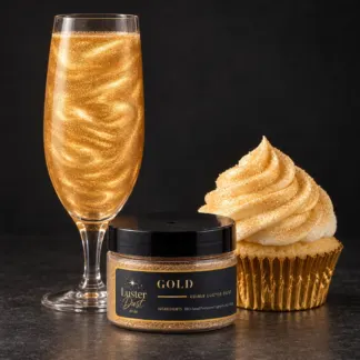 Gold edible luster dust in a 50 g jar beside a gold glitter drink and a cupcake coated in gold edible glitter