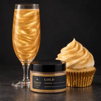 Gold edible luster dust in a 50 g jar beside a gold glitter drink and a cupcake coated in gold edible glitter