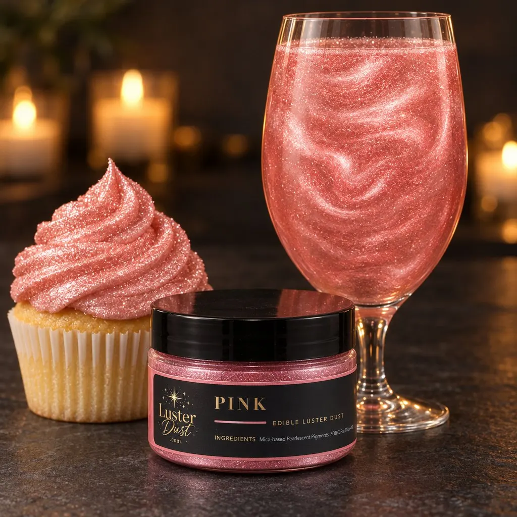 Pink glitter drink in a wine glass with a jar of pink luster dust and a cupcake topped with pink edible glitter on a candlelit table