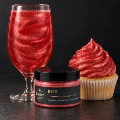 Red edible luster dust in a 50 g jar beside a red glitter drink and a cupcake coated in red edible glitter