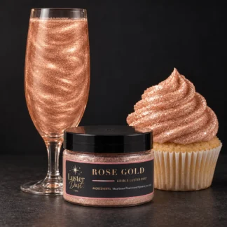 Rose Gold edible luster dust in a 50 g jar beside a rose gold glitter drink and a cupcake coated in rose gold edible glitter