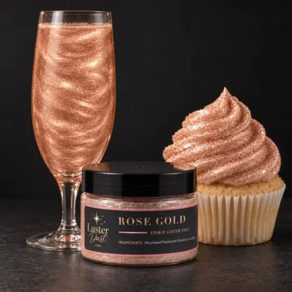 Rose Gold edible luster dust in a 50 g jar beside a rose gold glitter drink and a cupcake coated in rose gold edible glitter