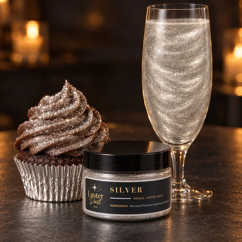 Silver glitter drink in a champagne flute with a jar of silver luster dust and a cupcake topped with silver edible glitter on a candlelit table
