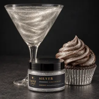 Silver edible luster dust in a 50 g jar beside a silver glitter drink and a cupcake coated in silver edible glitter