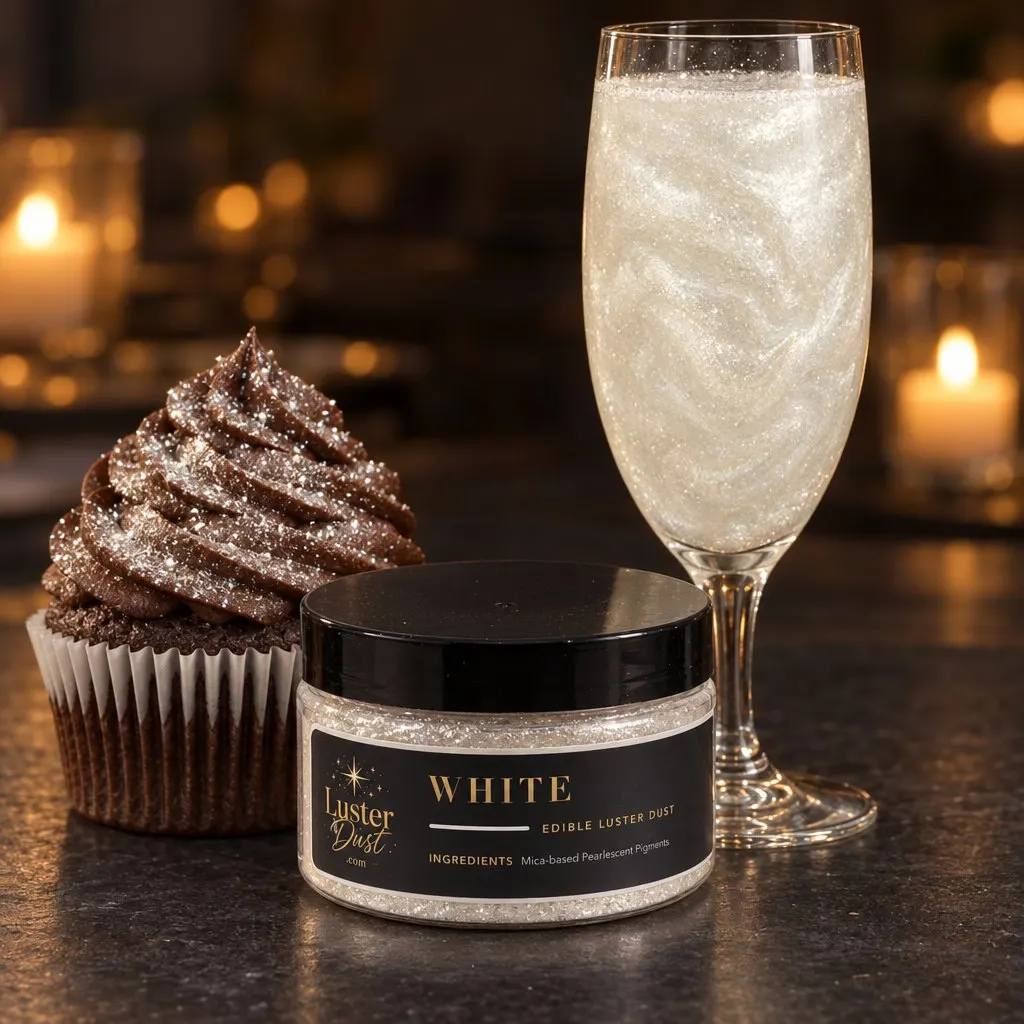 White glitter drink in a champagne flute with a jar of white luster dust and a cupcake topped with white edible glitter on a candlelit table