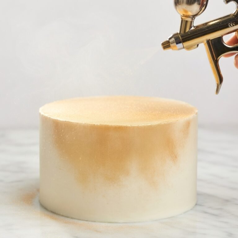 Airbrush luster dust technique mid-spray over fondant cake tier, gold shimmer mist caught in studio light