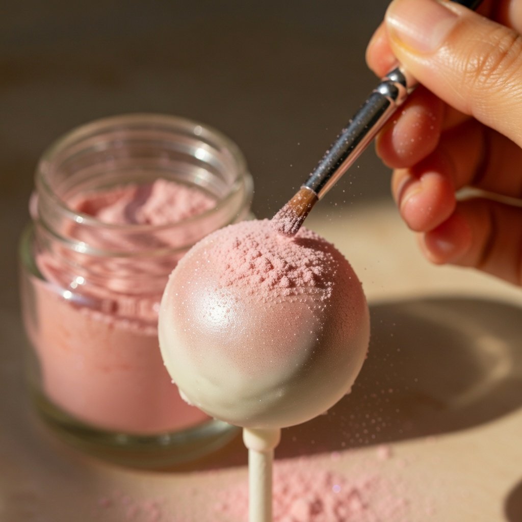 Applying edible luster dust on cake pops with a soft brush, pink shimmer jar visible in background