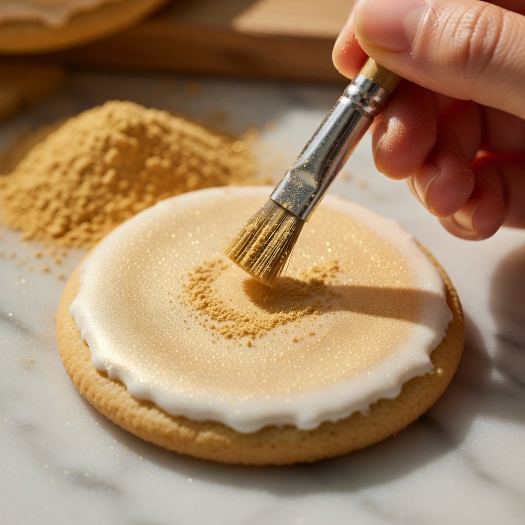Luster dust for cookies being applied with a soft brush over white royal icing, gold shimmer catching light on the surface