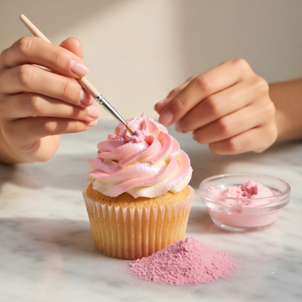 Hands applying pink luster dust on cupcakes using a food-safe brush, with a glass mixing dish of pink paste nearby.