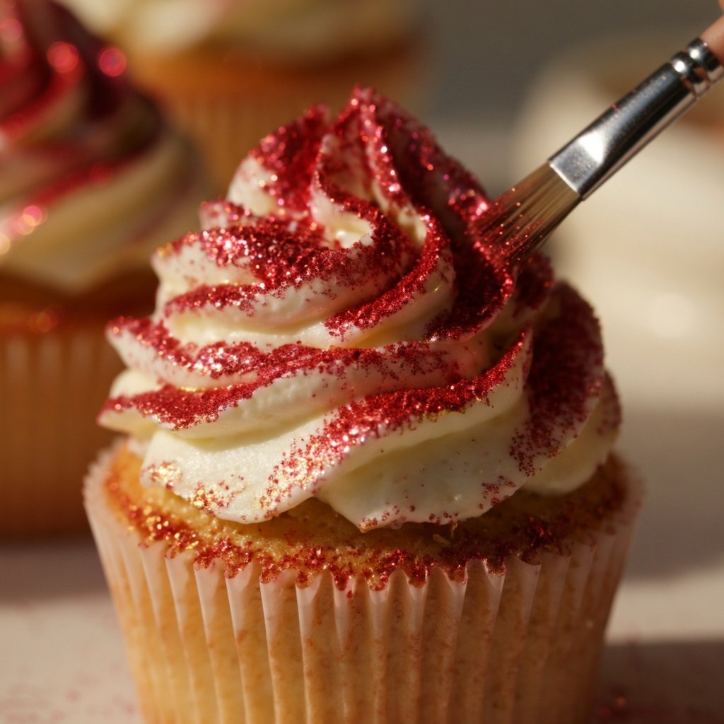 Luster dust on cupcakes being applied with a pastry brush, red shimmer catching light on cream cheese frosting swirl