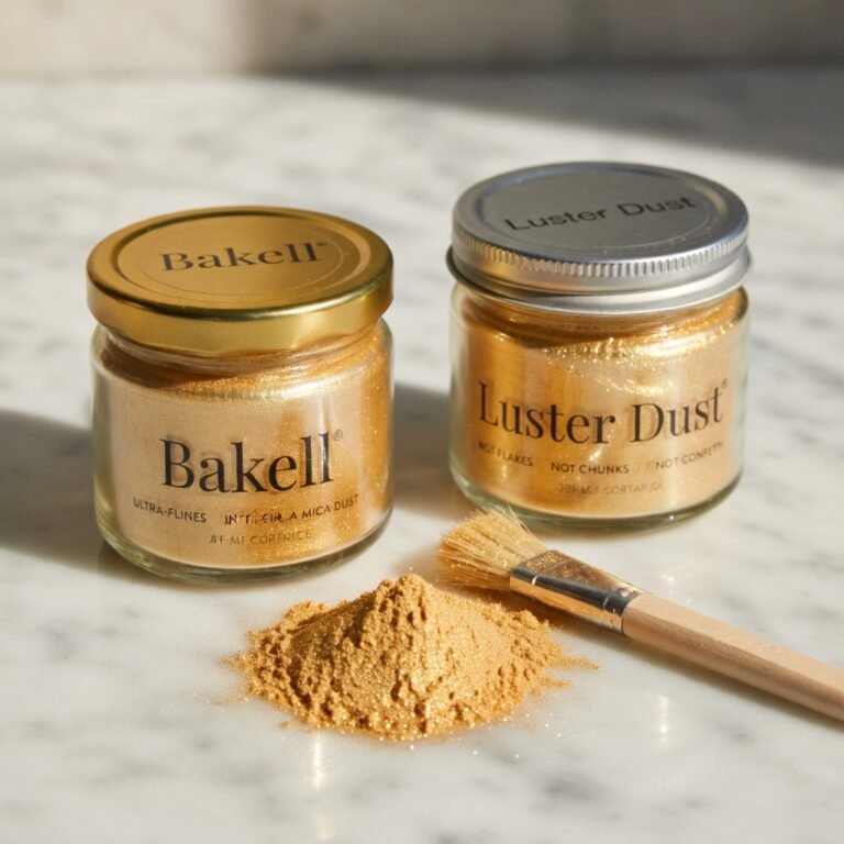 Bakell edible glitter and Luster Dust jars side by side on marble with gold shimmer dust and a pastry brush