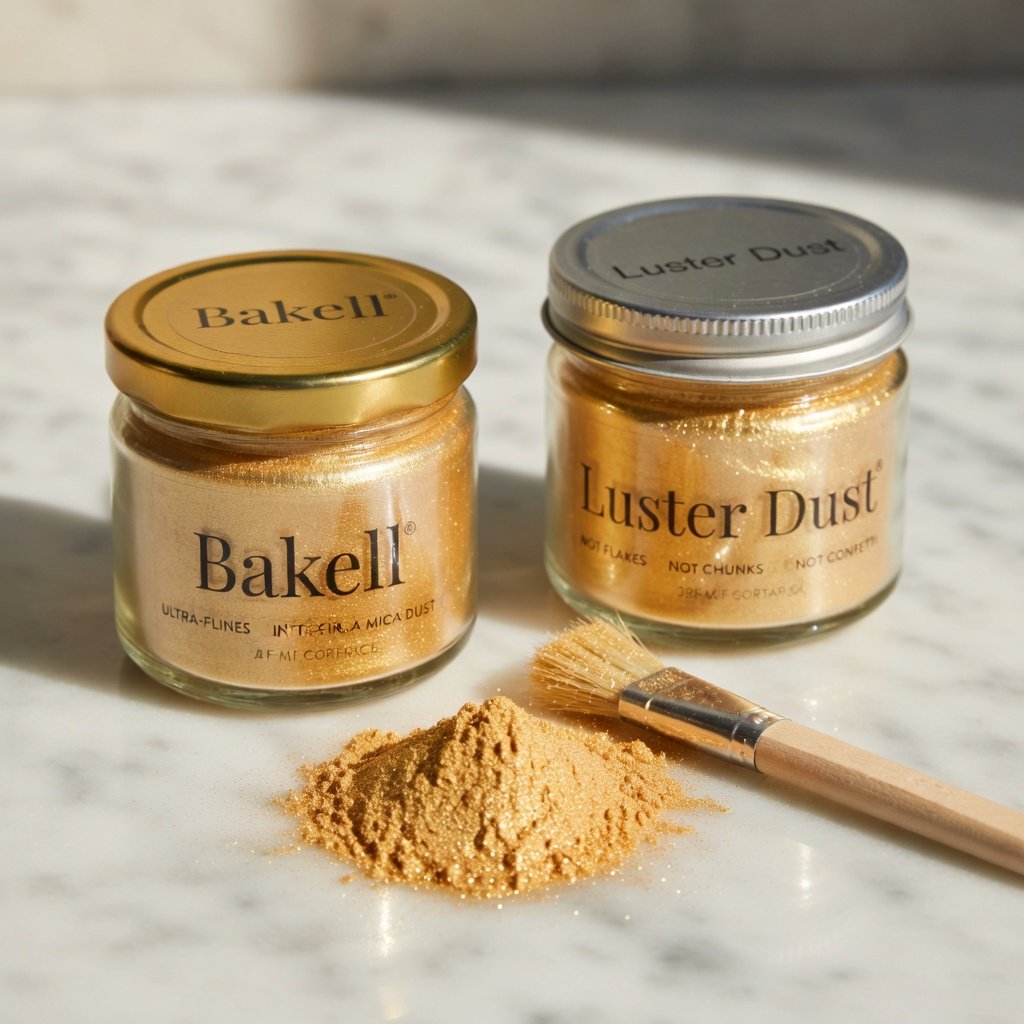 Bakell edible glitter and Luster Dust jars side by side on marble with gold shimmer dust and a pastry brush