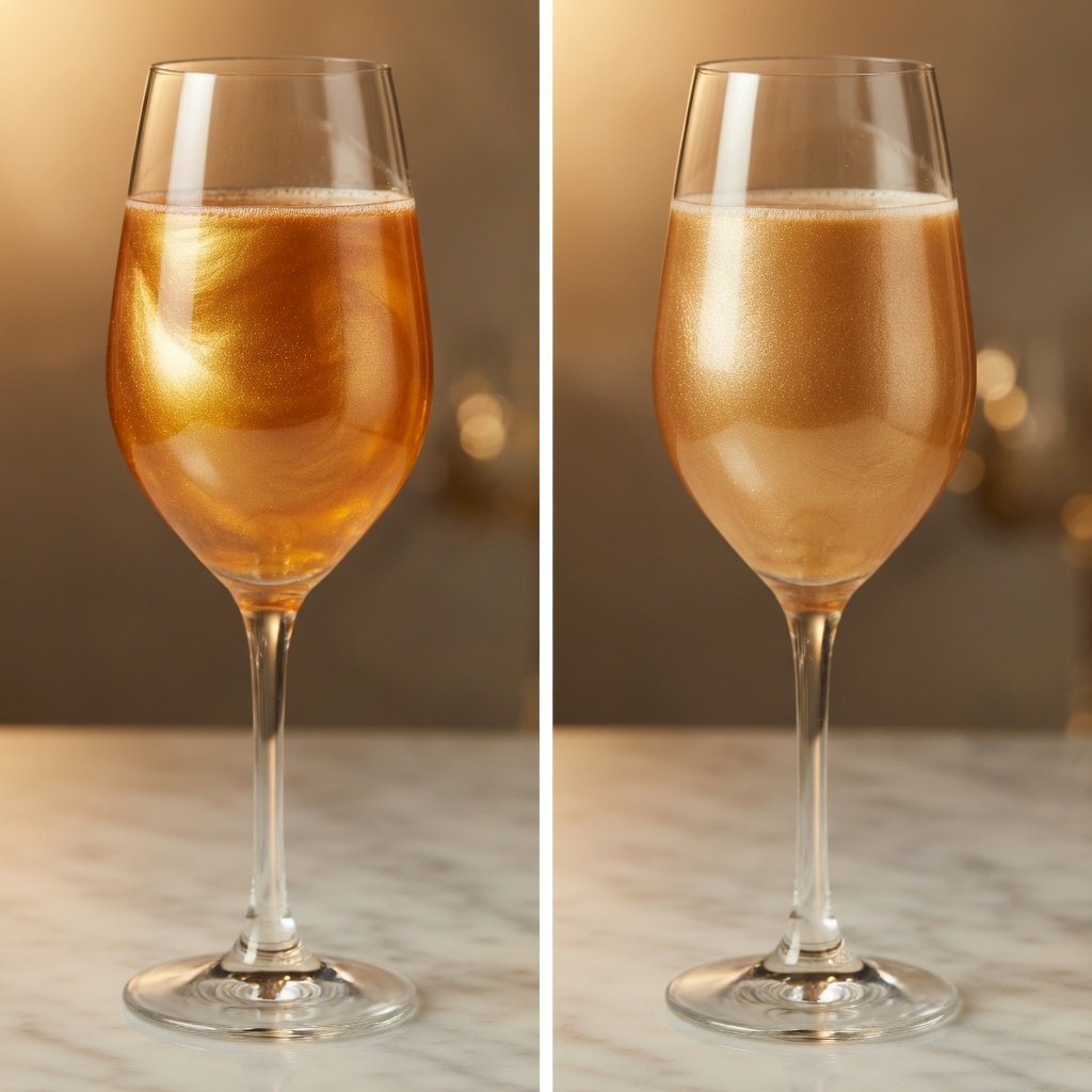 Bakell super gold luster dust comparison in two champagne flutes showing shimmer depth versus Luster Dust Gold under warm event lighting