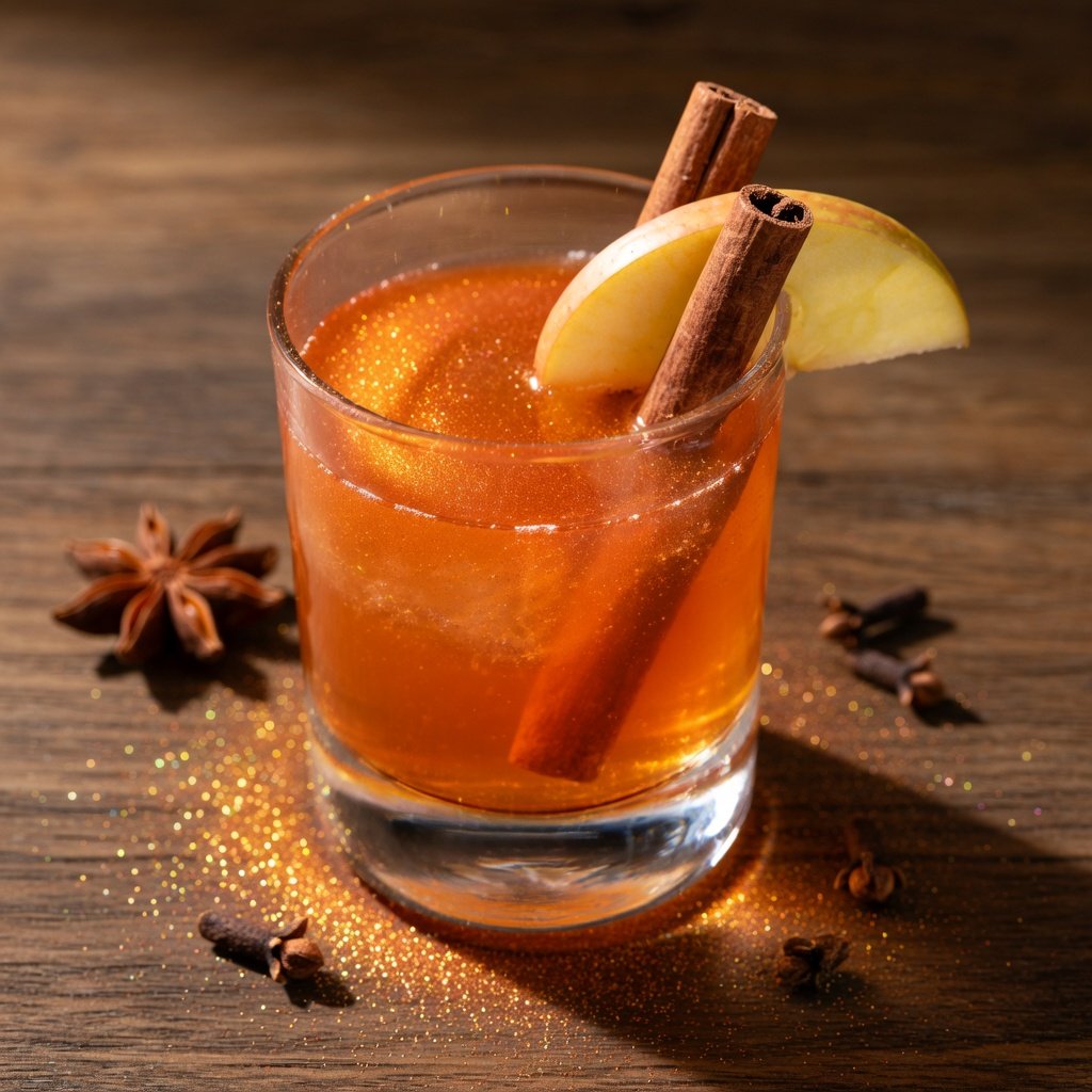 Best edible glitter for drinks on a harvest orange cider cocktail with edible gold glitter, cinnamon stick, and apple slice