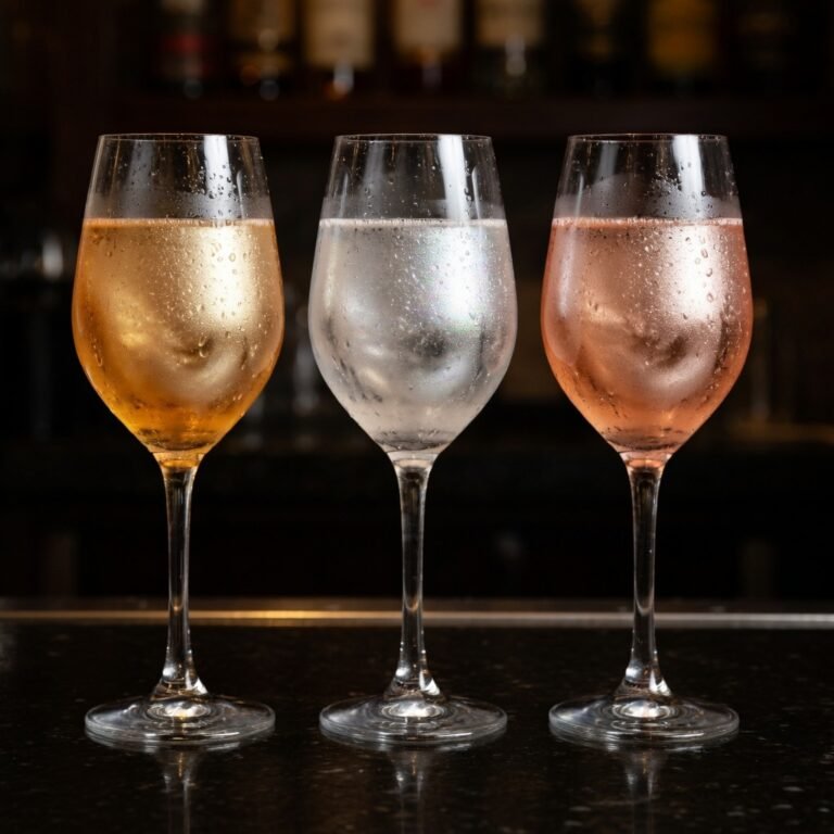 Best edible glitter for drinks shown in three cocktails with gold, silver, and rose gold luster dust shimmer