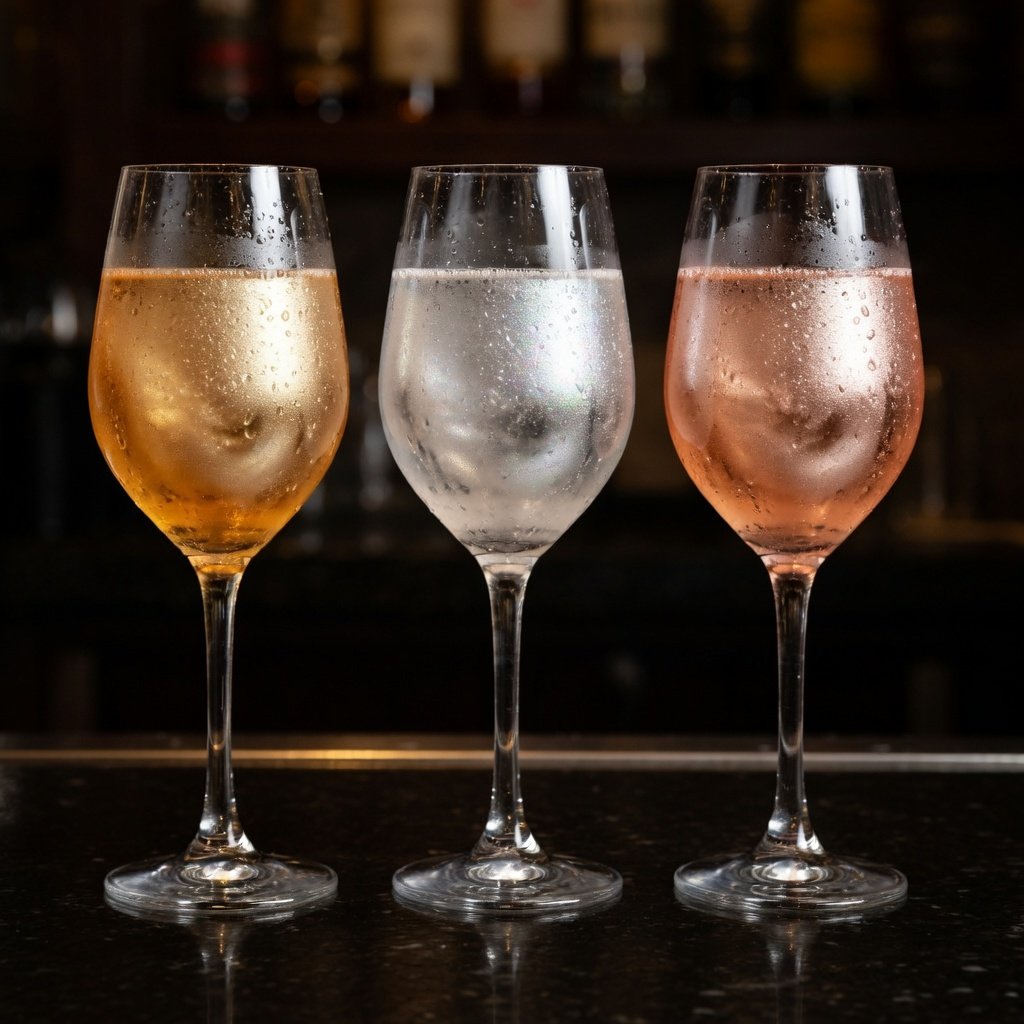 Best edible glitter for drinks shown in three cocktails with gold, silver, and rose gold luster dust shimmer