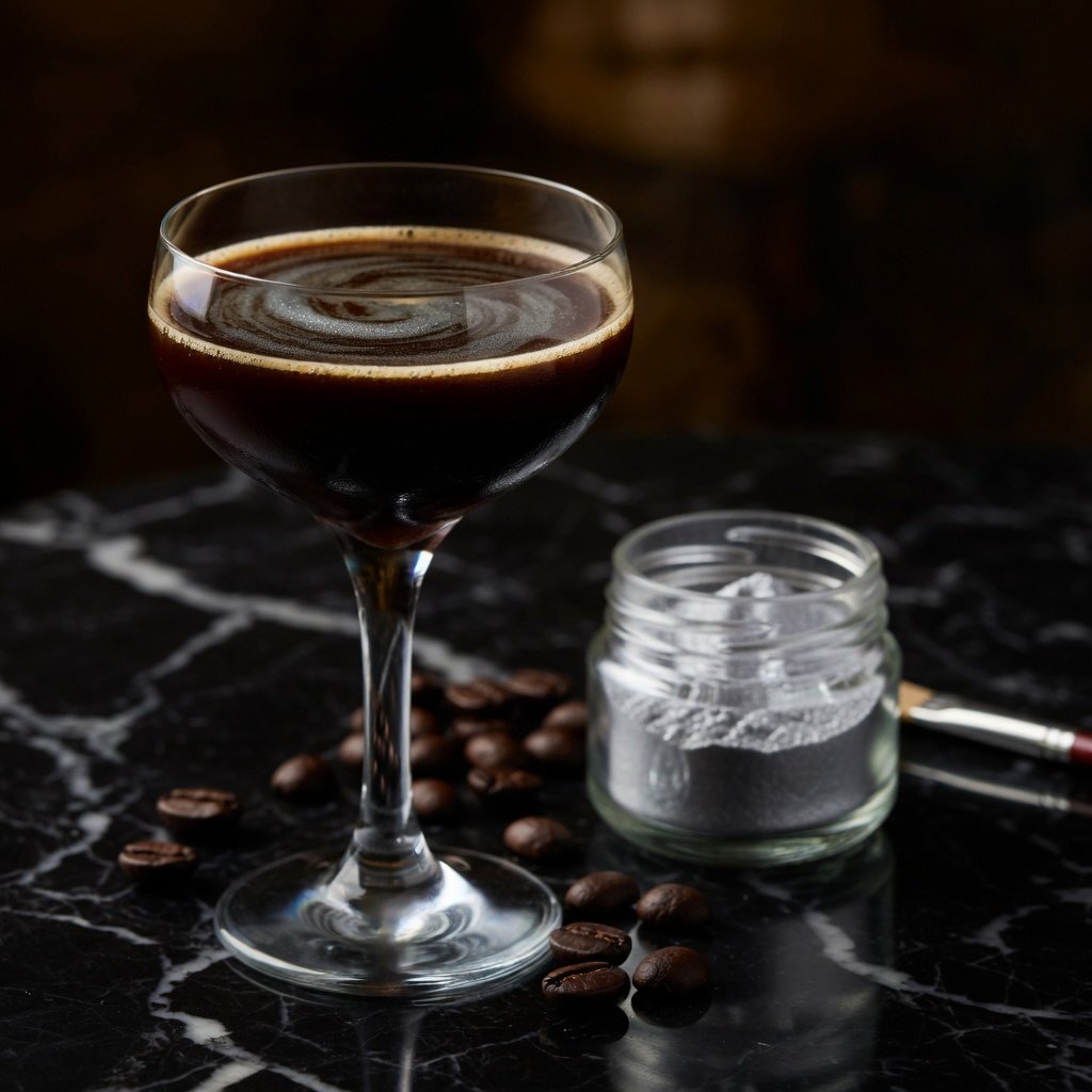 Black edible glitter swirling through a coupe glass espresso martini on dark marble with silver luster dust jar and coffee beans