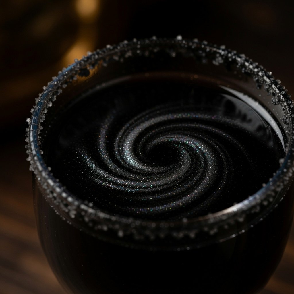 Black edible glitter swirling through a dark gothic cocktail with silver shimmer and black sugar rim, lit dramatically