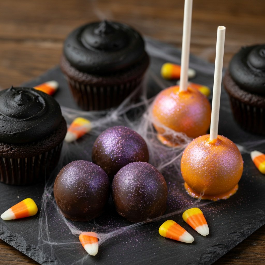 Black edible glitter cupcakes and purple luster dust truffles with shimmer cake pops on dark slate for Halloween