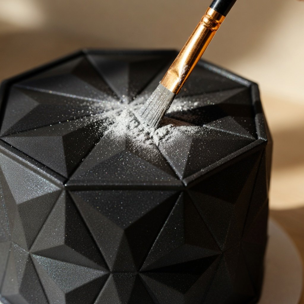 Black luster dust on cake with geometric fondant panels, silver shimmer brushed over dark surface for metallic contrast