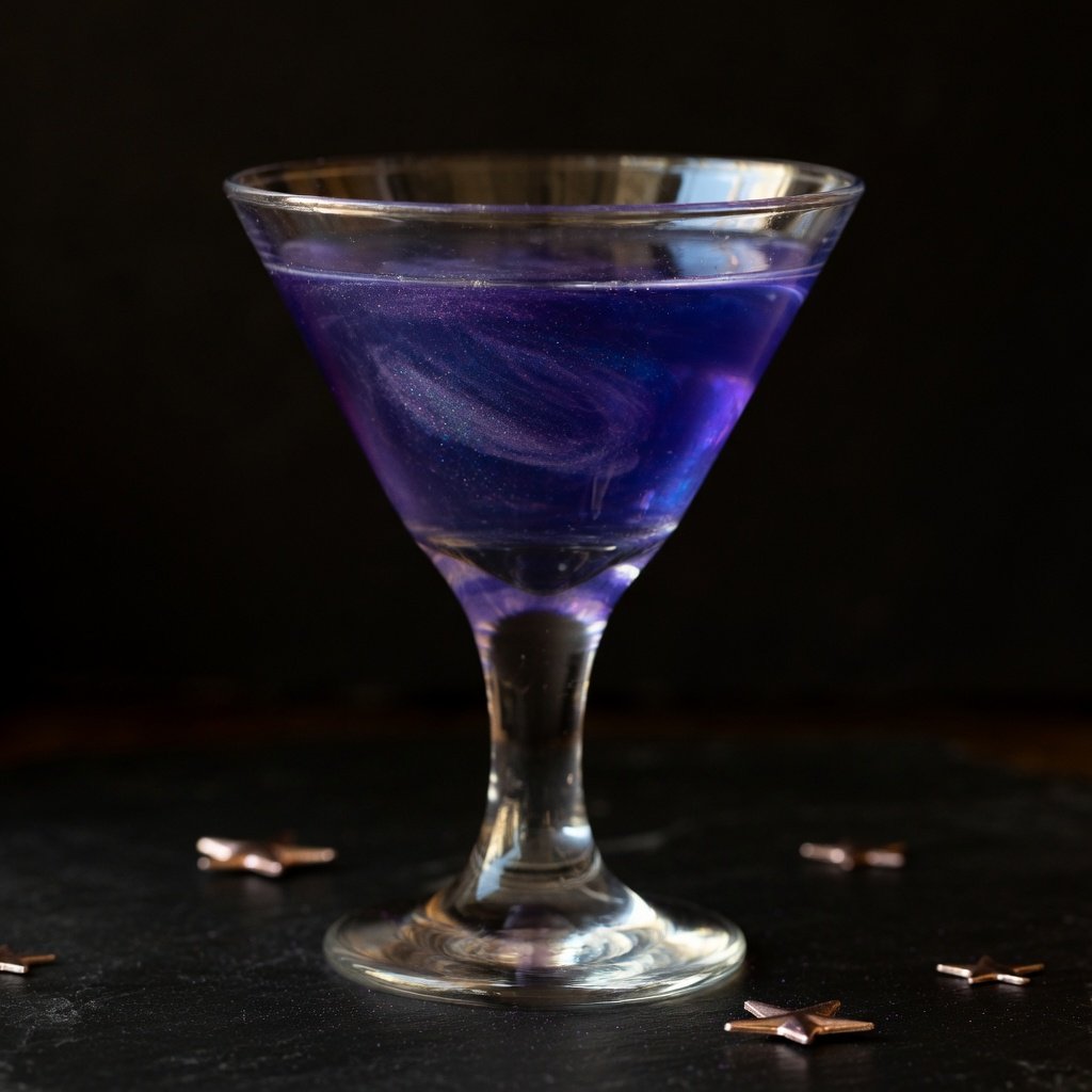 Blue edible glitter swirling through a deep blue-purple galaxy martini with purple edible glitter and star decorations