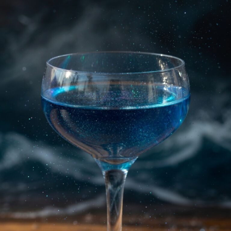 Blue edible glitter swirling through a deep blue shimmer cocktail in a coupe glass with moody ocean-inspired background