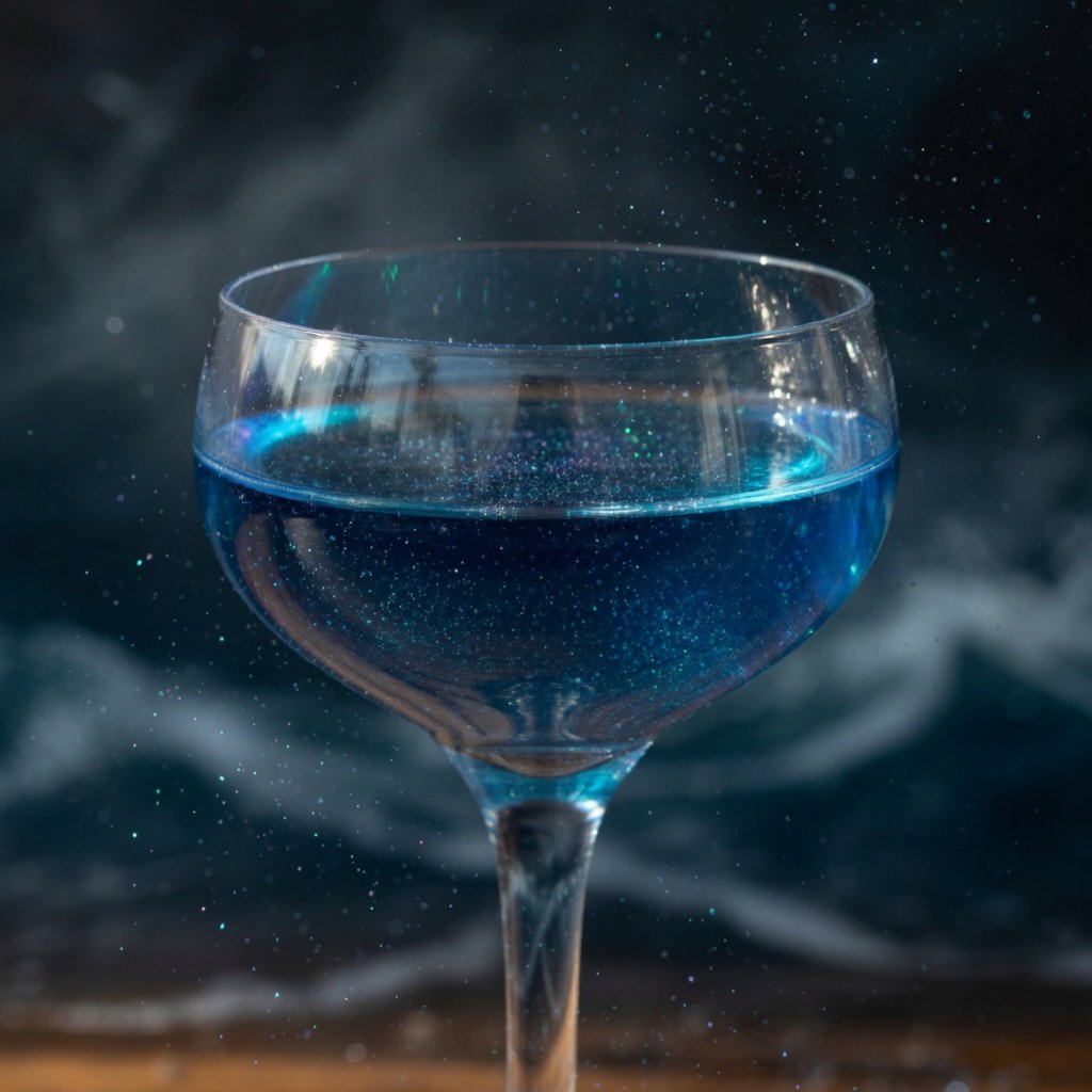 Blue edible glitter swirling through a deep blue shimmer cocktail in a coupe glass with moody ocean-inspired background