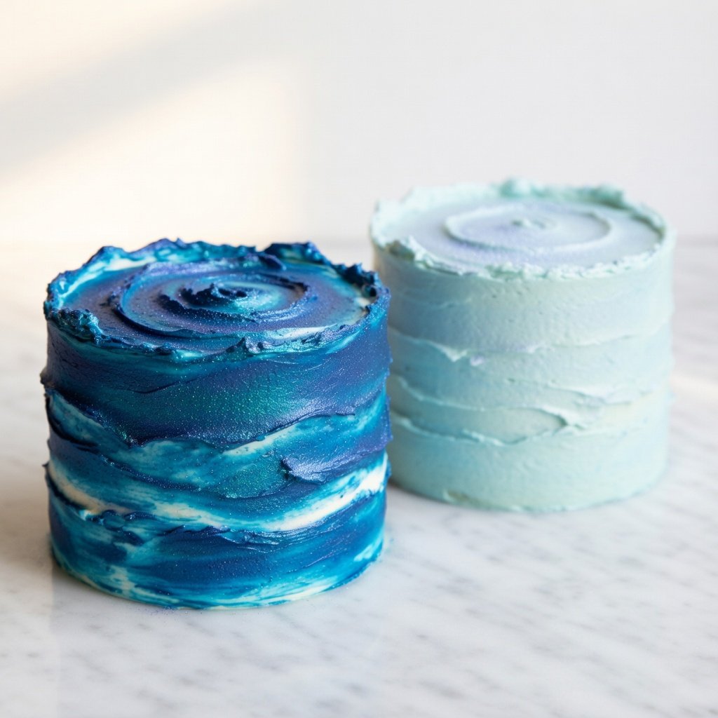 Blue luster dust on cakes side by side: deep oceanic layered frosting and light pastel blue dusted finish by Luster Dust
