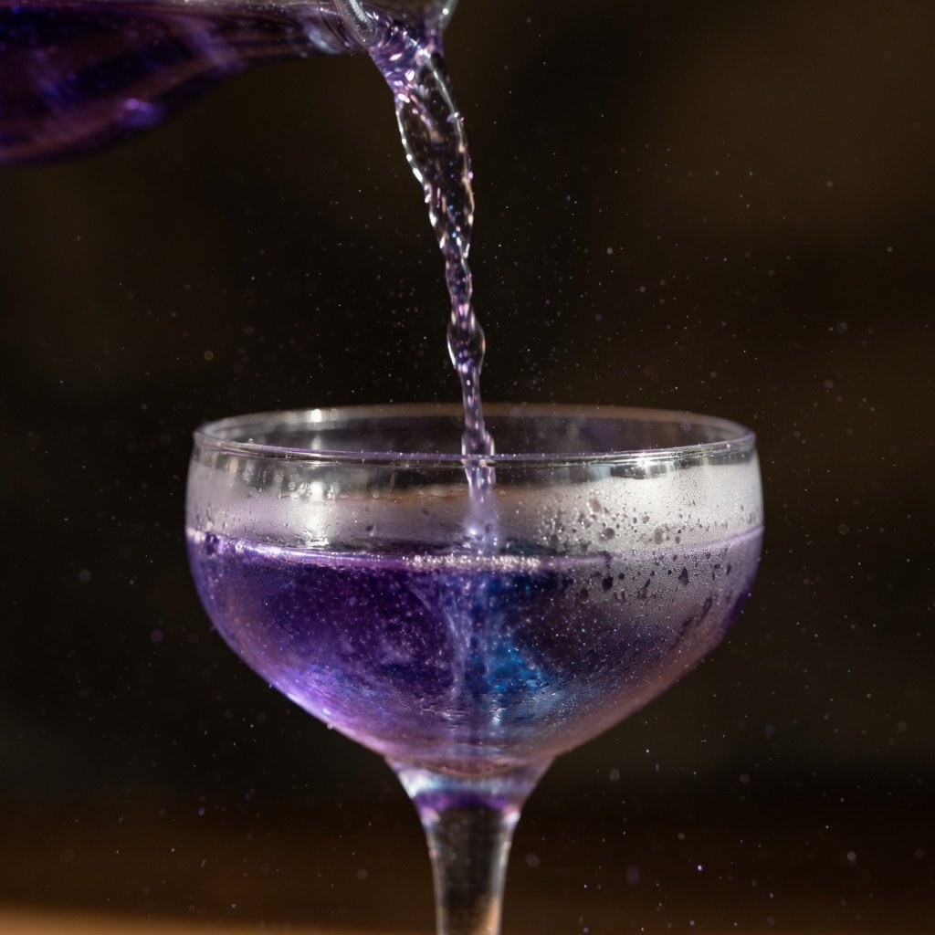 Blue edible glitter cocktail mid-pour into a frosted coupe glass with purple edible glitter particles suspended in liquid