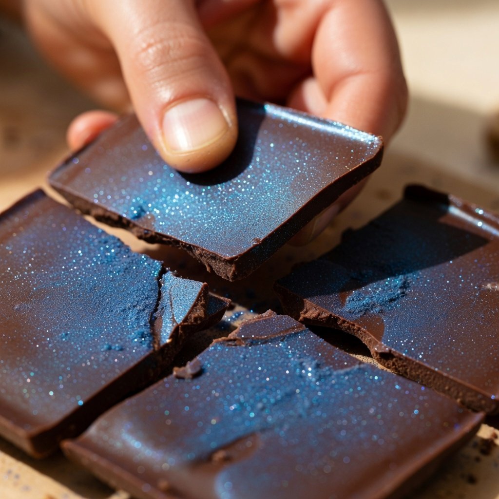Luster dust on chocolate bark being broken by hand, revealing layered blue and silver shimmer across dark chocolate shards