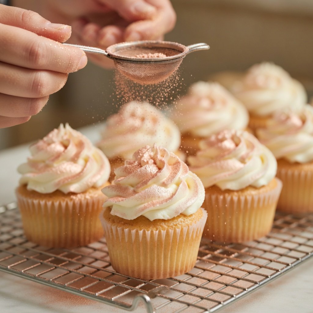 Baker dusting rose gold luster dust in bulk over frosted wedding cupcakes on a cooling rack