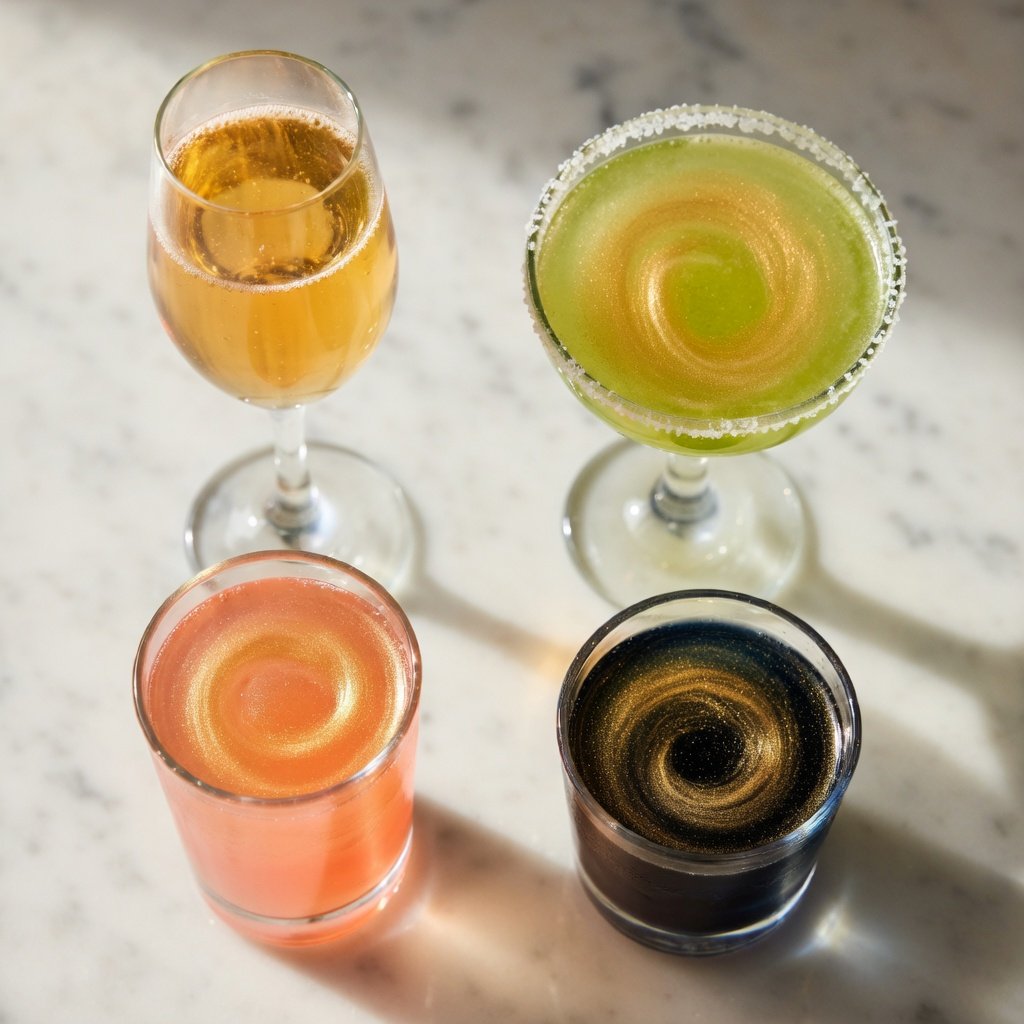 Can luster dust be used in drinks? Four shimmering cocktails — champagne, margarita, pink lemonade, and dark mocktail — with edible luster dust suspended in each glass, shot from above on marble