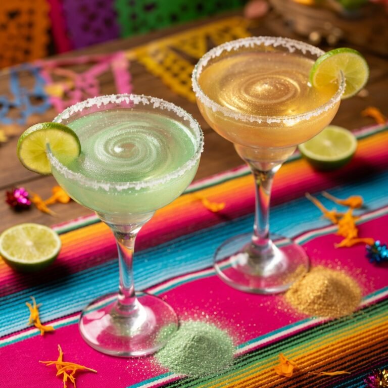 Cocktail edible glitter swirling through two margaritas — one with green edible glitter, one gold shimmer, on a festive Cinco de Mayo table with lime wedges and salt rims