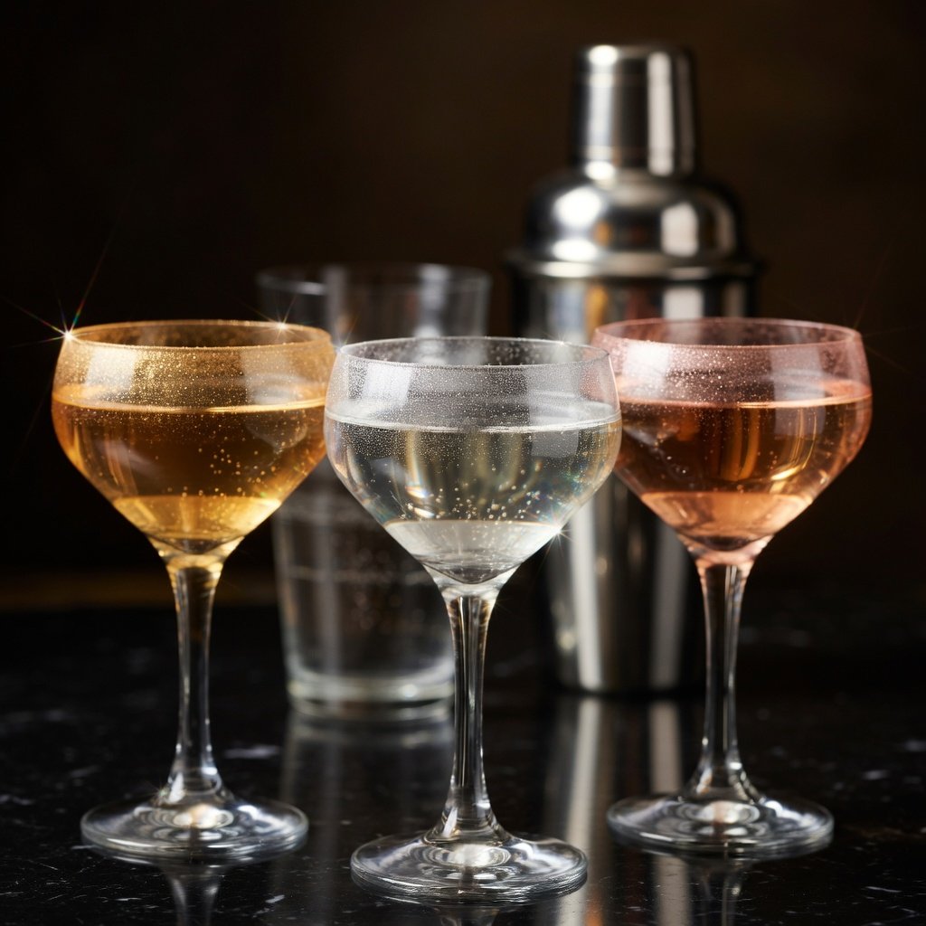 Cocktail glitter rims in gold, silver, and rose gold on three backlit glasses with edible luster dust by Luster Dust