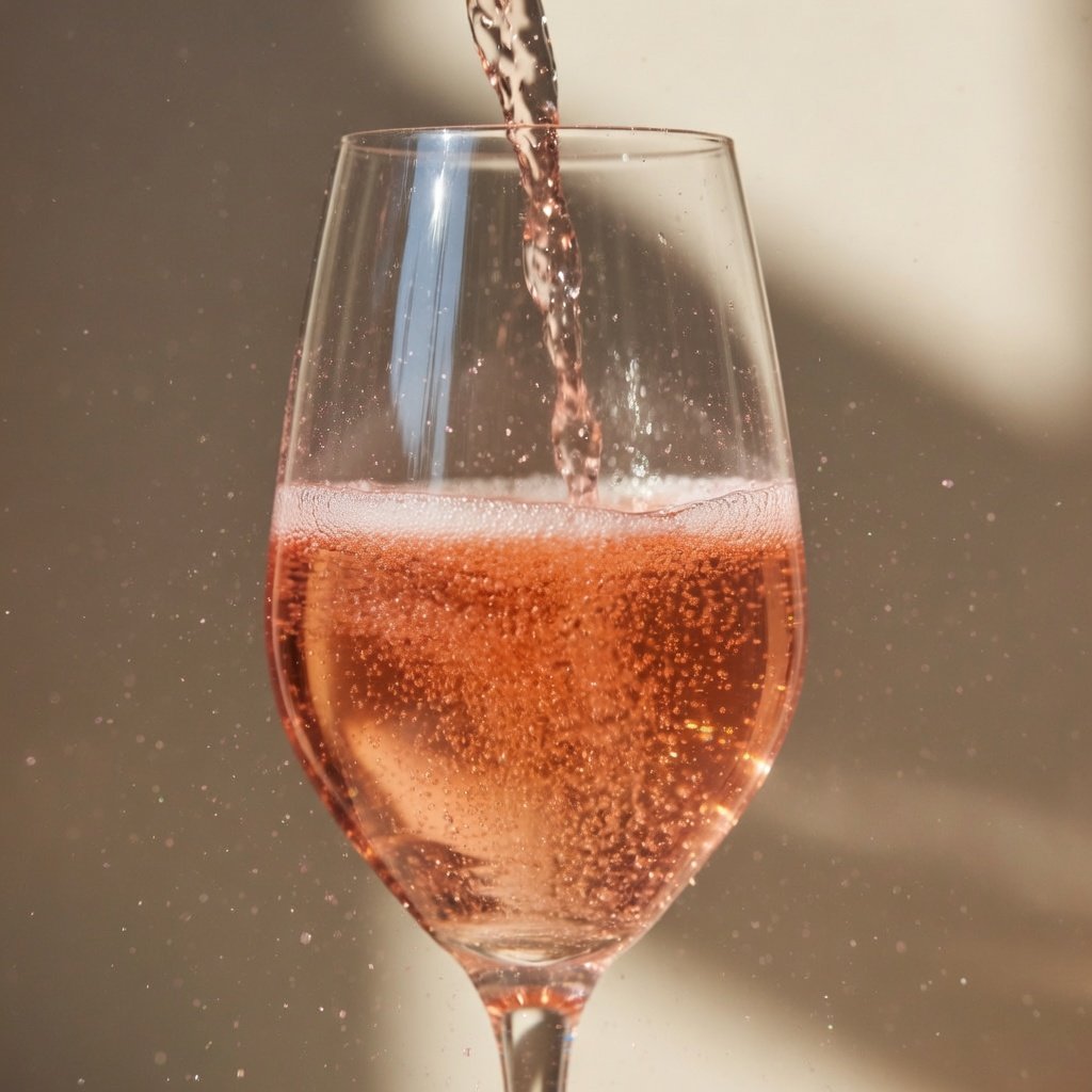 Cocktails with edible glitter: prosecco cascading into a champagne flute with pink and rose gold Luster Dust particles swirling upward