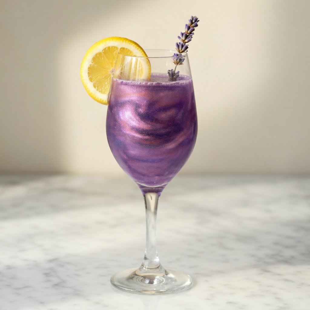 Drink shimmer swirling in sparkling lavender lemonade with edible glitter for cocktails, garnished with lemon and dried lavender on marble