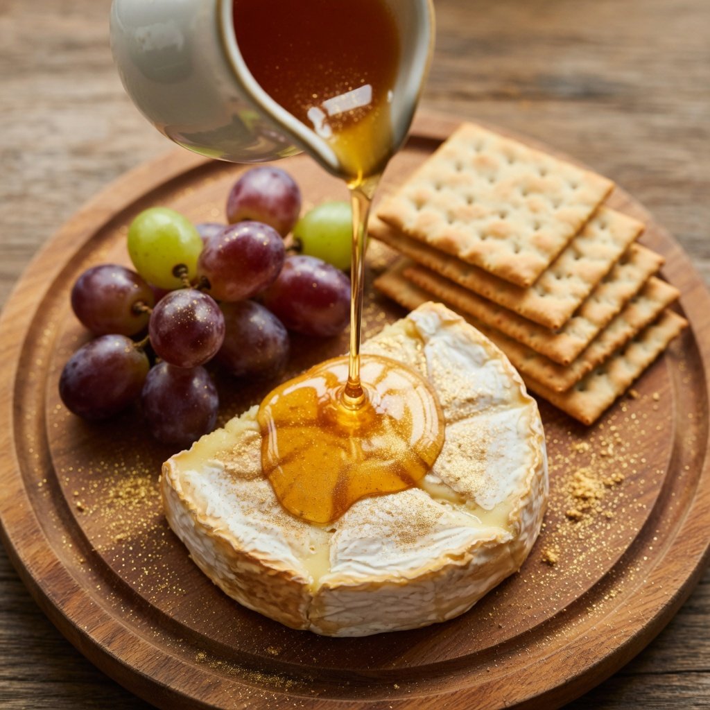Edible baking glitter honey drizzle poured from ceramic pitcher over warm brie and crackers on rustic wood cheese board