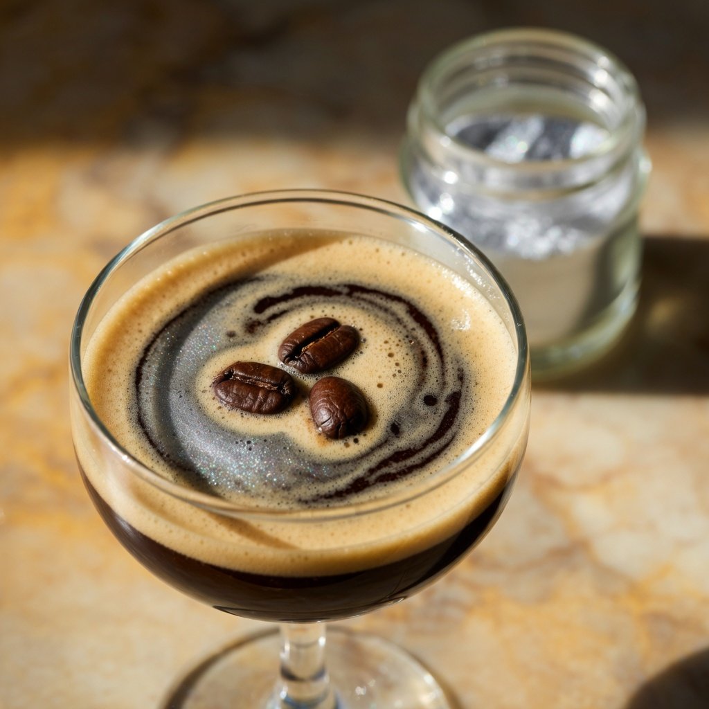 Edible black glitter cocktail in a coupe glass with silver shimmer catching light, three coffee beans on foam, edible black glitter luster dust jar in background