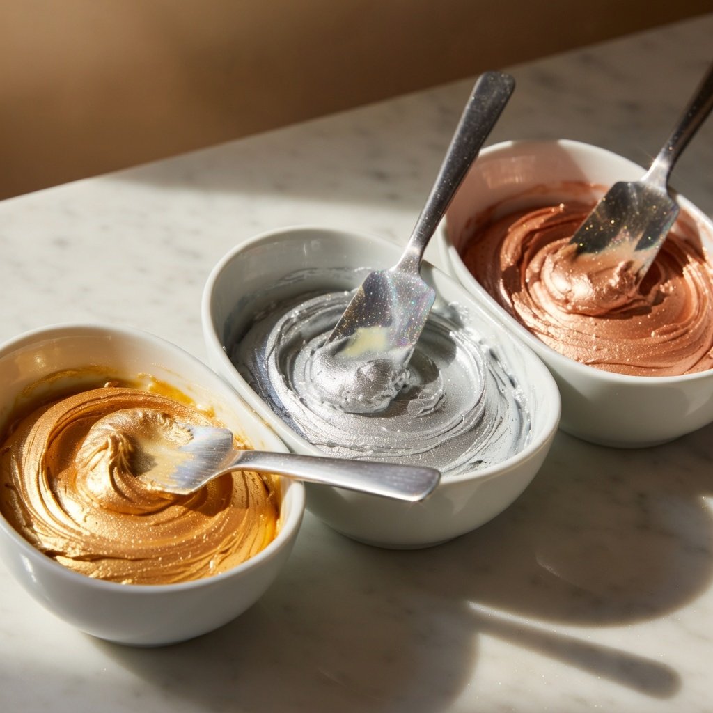 Edible cake glitter buttercream colors in three bowls — gold, silver, and rose gold — each with a spatula showing metallic sheen in natural side light