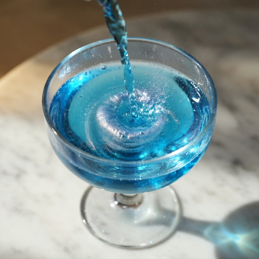 Edible drink glitter blooming through a vivid blue lagoon cocktail mid-pour into a coupe glass on white marble