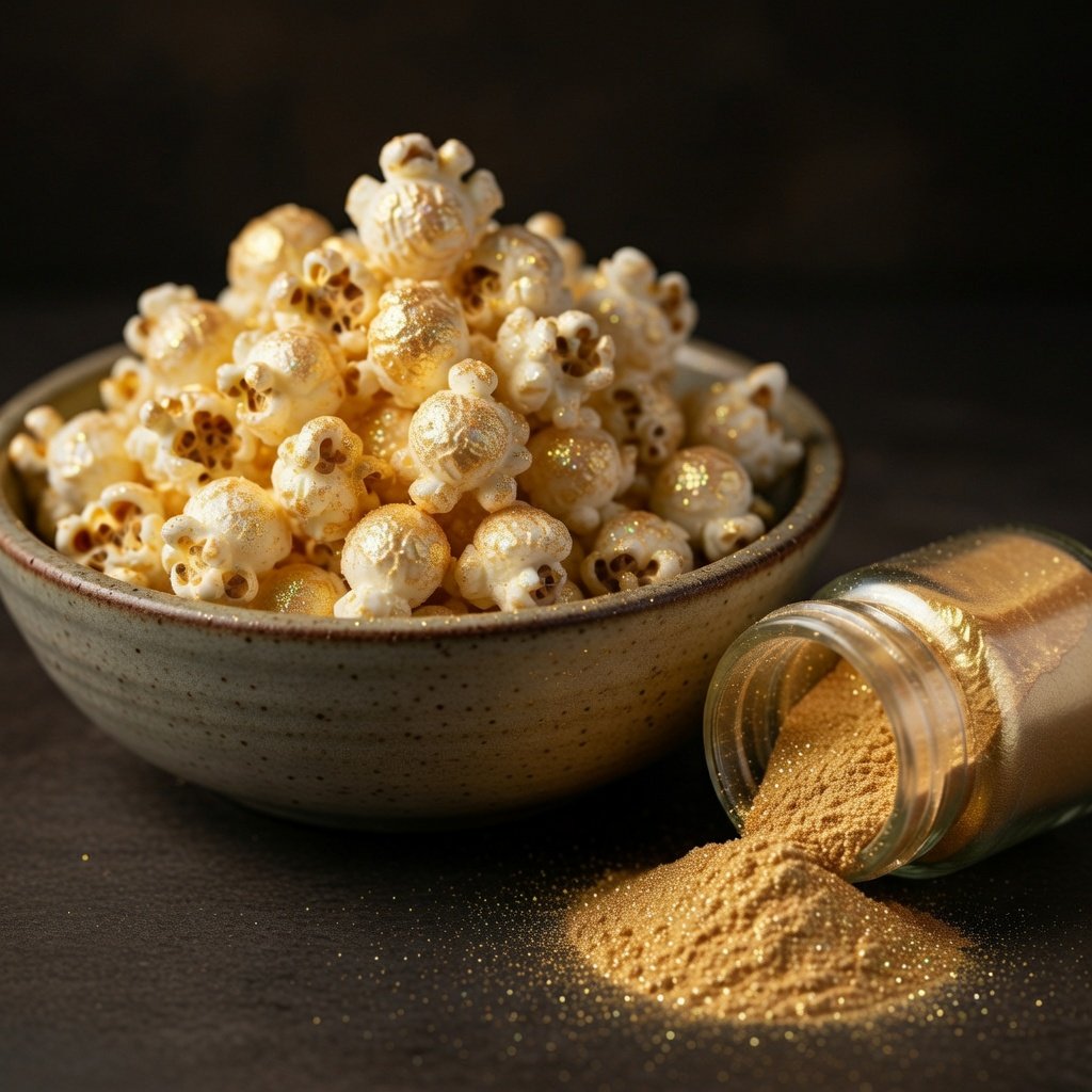 Edible food glitter coated popcorn glistening in a bowl beside a tipped jar of gold luster dust