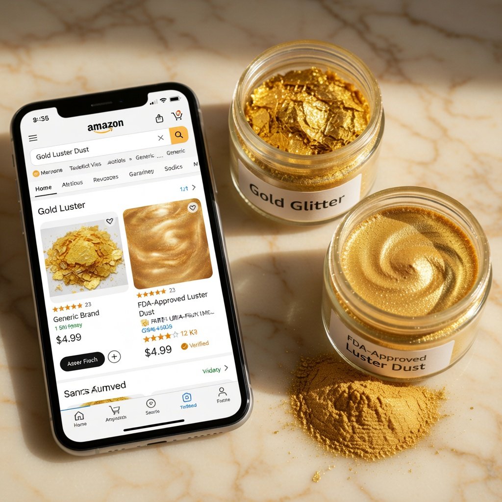 Edible glitter Amazon search results on laptop beside Luster Dust jars showing FDA-compliant amazon luster dust options