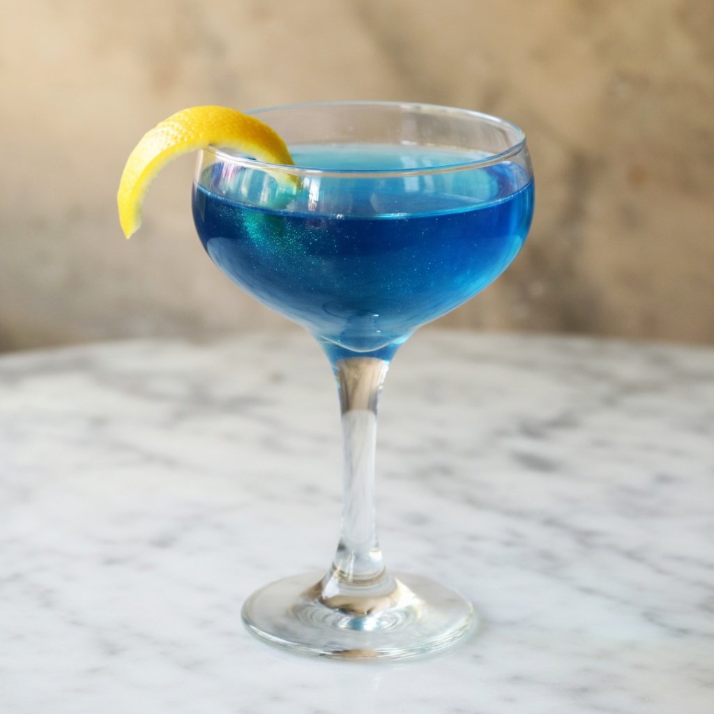 Edible glitter in drinks: vivid blue lagoon cocktail with silver shimmer particles in a coupe glass on white marble