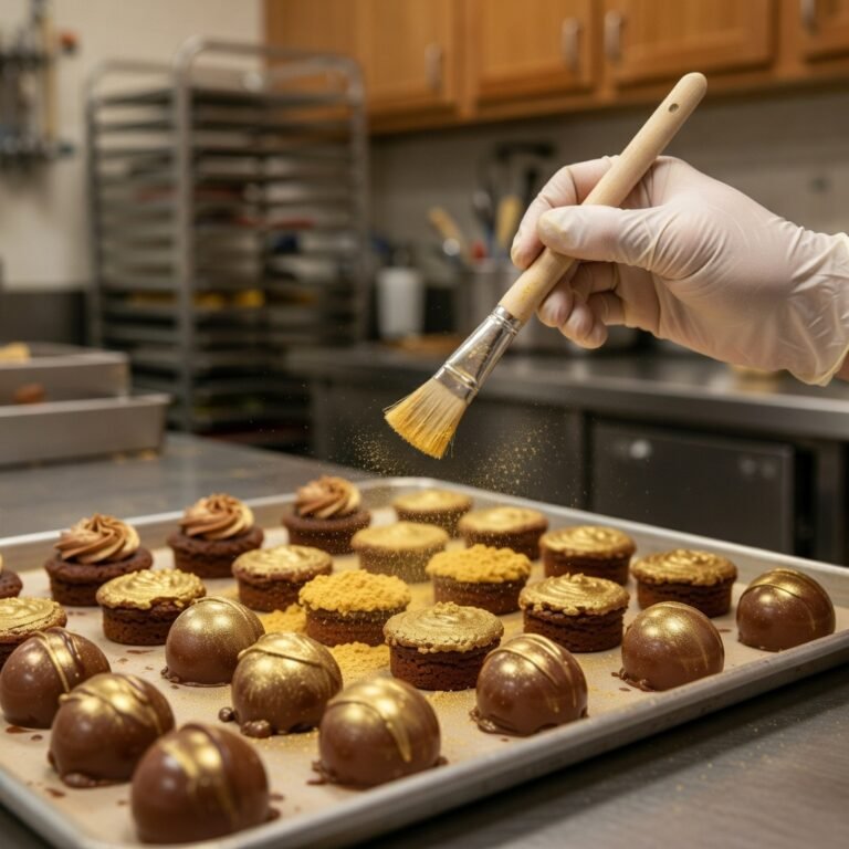 Baker applying edible glitter bulk gold luster dust over finished cakes on a tray in a professional kitchen