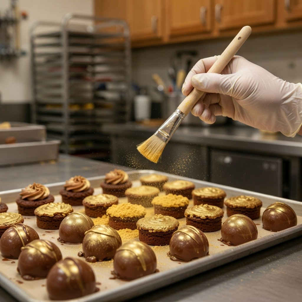 Baker applying edible glitter bulk gold luster dust over finished cakes on a tray in a professional kitchen