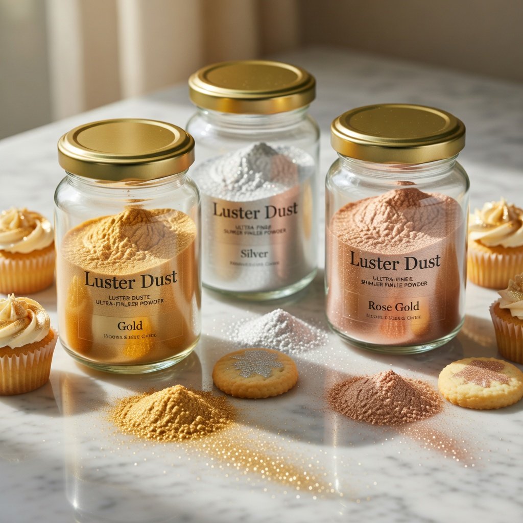 Edible glitter bulk jars of gold, silver, and rose gold Luster Dust arranged on marble with shimmer dust and baked goods