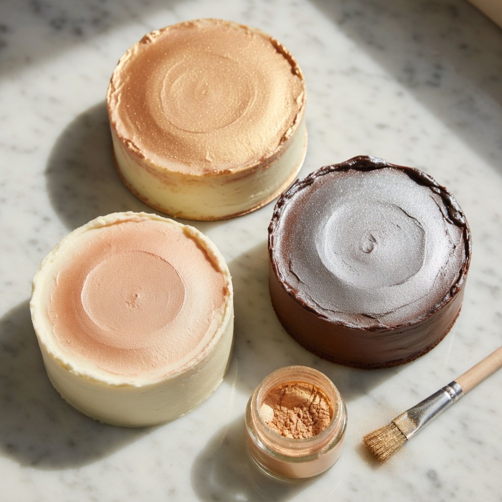 Edible glitter for cakes shown on three decorated cakes with gold, rose gold, and silver luster dust on marble