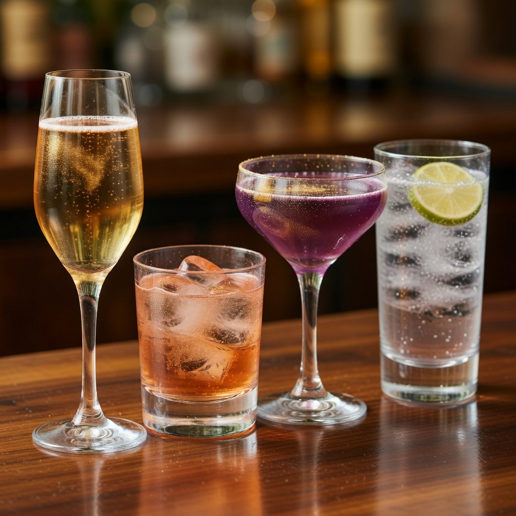 Four edible glitter cocktails on a dark wood bar: gold champagne flute, rose gold spritz, purple martini, and silver gin and tonic with shimmer